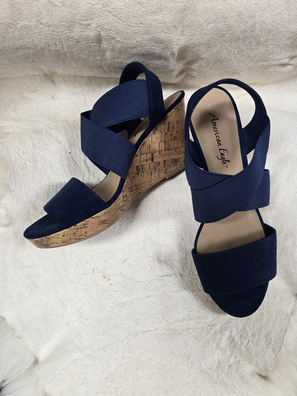 Womens Size 10 American Eagle Outfitters Navy Cork Wedge Sandals